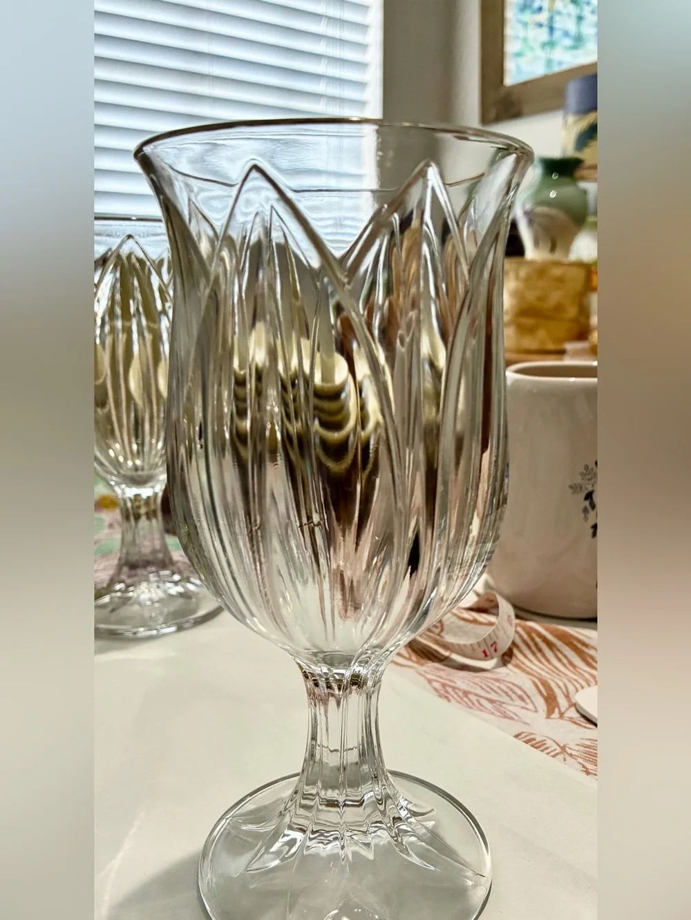 Vintage French Crystal Tulip Water Goblet Set of4. Raised fluted leaf. 14 oz. EC